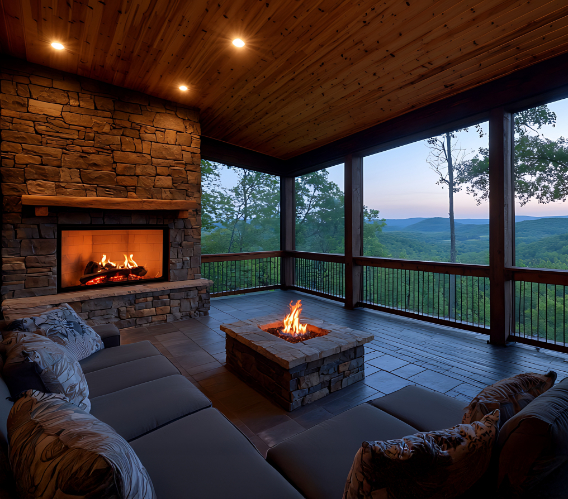 Luxury screened-in porch with fireplace and mountain views in a Big Canoe, GA home
